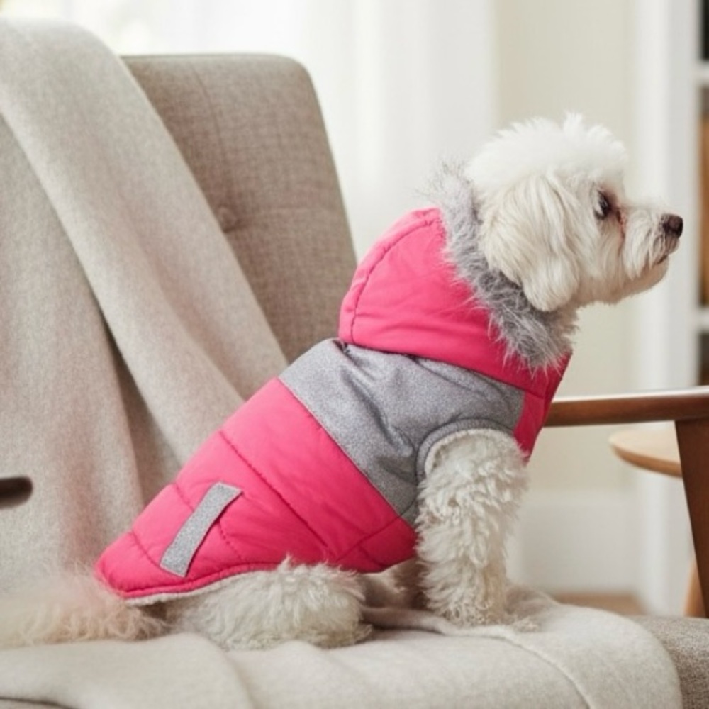 Wag n’ Woof Dog Jacket Coat Pink & Gray Faux Fur Hood, Small Dog